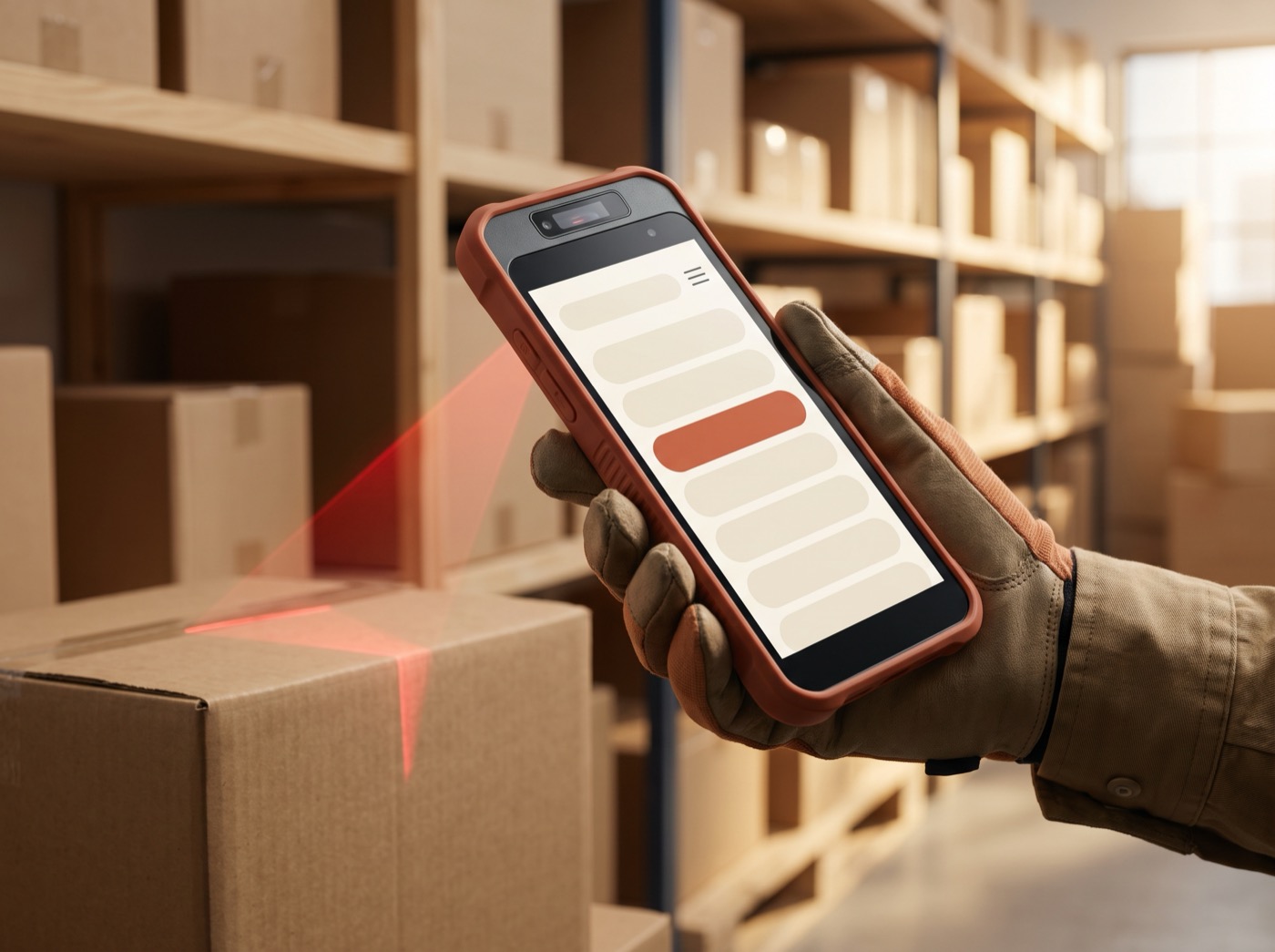 Handheld terminal with a code scanner during goods receipt in a stockroom