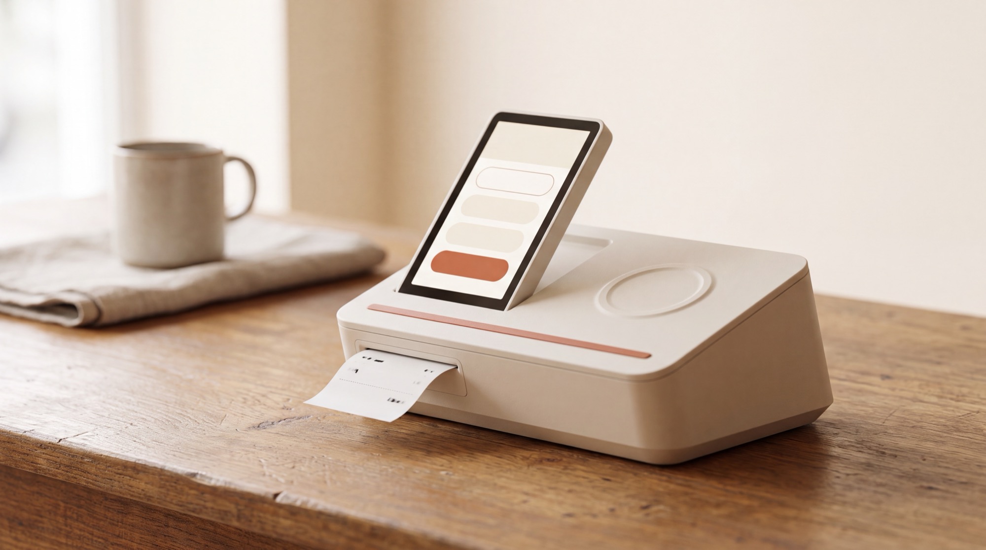 Behio POS countertop terminal with a touchscreen and a built in receipt printer